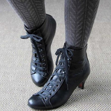 Womens Boots Ladies Kitten Heel Ankle Victorian Costume Lace Up Leather Shoes