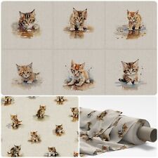 CUTE KITTENS CUSHION PANELS and by the Metre Linen Look Cotton Fabric