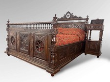 Antique French Carved Breton Bed Figural Bed Frame Pot Cupboard & Chairs