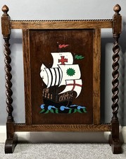 Vintage Oak Fire Screen Barley Twist  Art Deco Style depicting 65cm x 54cm