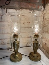 Pair Vtg Weighted Brass Hurricane Lamps - Glass Dome Floral Etchings - Bulbs Inc
