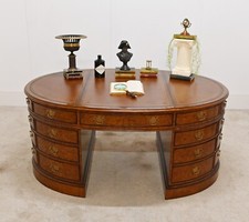 Gorgeous Burr Walnut oval partners desk in the Victorian manner
