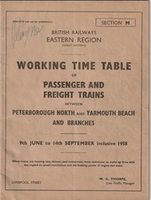 BR ER Passenger & Freight Working Timetable M & GN 9th June to 14th Sept 1958
