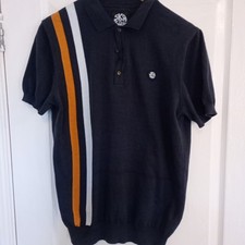 Ska & Soul Top Polo Shirt Blue Mustard Mod Knitted L Large Mens Fitted On Trend