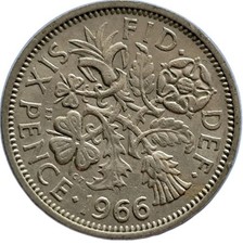 UK 6 Pence 1966 Elizabeth II Sixpence Coin (D8)