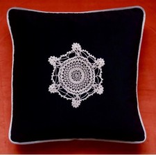 Handmade Black velvet cushion cover with Vintage Crochet Decor, 48×48cm, 19×19"