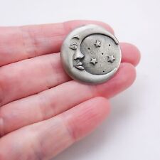 Vintage JJ JONETTE Moon Face Star Round Pin Brooch Badge Pewter Retro Signed