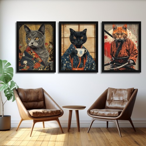 Samurai cat wall art set - samurai,