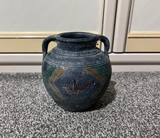 Vintage Handcrafted Pottery Vase Urn with Handles Rustic Blue Green Geometric