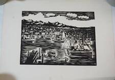 Vintage Original Woodcut Signed View Harbor Ships Mountains 50 x 37.5