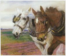 Pair of Plough Horses, Lucy Kemp Welch horse print in 10 x 12 mount SUPERB