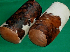 Pair of Tricolour Cowhide Leather Bolster Cushions with Feather Inserts