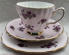 Colclough Pink with Purple Violet Flowers Trio TeaCup Saucer & Side Plate Set