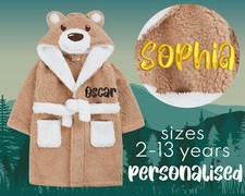 Personalised Gift Kids Boys Dressing Gown Teddy Bear Robe Hooded Size 2-13 Years