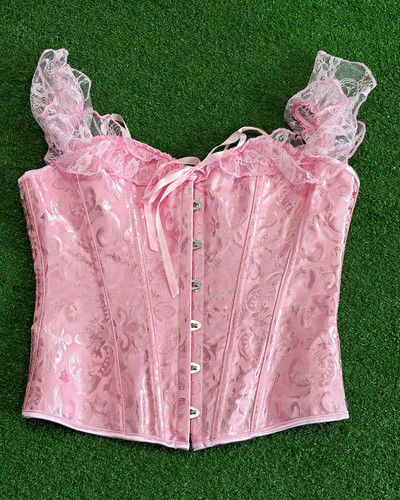 Pink boned lace corset - pink,