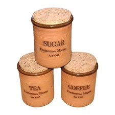 Three Fortnum & Mason  Terracotta Storage Jars  Cork Lids Tea Coffee Sugar F&M