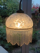 Large Vintage Art Deco Style Mottled Glass Lampshade With Glass Beaded Fringe