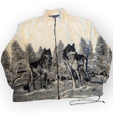 Vintage Sea to Sky Wolf Pack Animal Graphic Zip Through Fleece Jacket