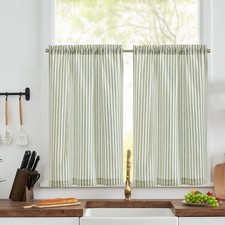 TOPICK Green Striped Small Curtains 36 Inch Drop Linen Kitchen Translucent Short