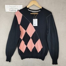 Glenmuir 1891 Jumper Pullover Black Pink Argyle Print M Medium Mens 100% Cotton