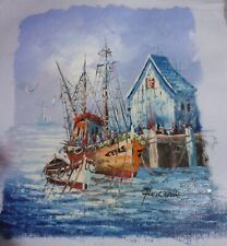 Fishing Boats Harbour Oil Painting by American Folk Artist Florence Wilkins Furs