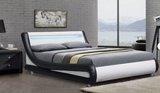 WHITE & BLACK BED ITALIAN DESIGNER LED LIGHTS 4FT6 DOUBLE 5FT KINGSIZE MATTRESS