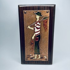 Vintage Copper Enamel Wall Hanging Fisherman Fish Handmade AETHRA 34 x19cm