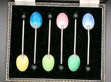 Art Deco Guilloche Enamel Coffee Spoons Silver & Enamel Birmingham 1957 