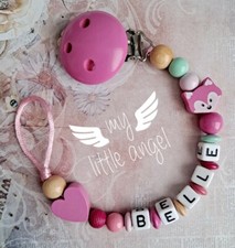 HQ Personalised Dummy Clip Pink Blue Grey Boy/Girl ❤Fox Animal Pacifier Clip MAM