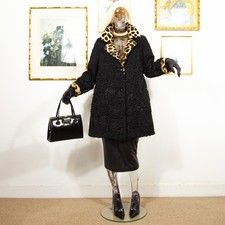 Vintage 1980s Persian Lamb Fur Coat with Leopard Trim Black Curly Lamb Fur M