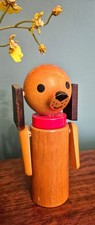 Cute vintage 1960s/70s wooden dog money box moveable ears/paws 18cm tall vgc