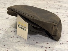 Mens Barbour Dark Olive Wax Cotton Checked Lined Snap Peak Flat Cap Size 7 3/8
