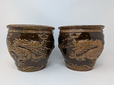 A Pair Of Antique Chinese Dragon Planters Plant Pots Glazed Stoneware