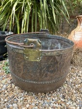 Antique French huge Extra Large Copper And Brass Cauldron Log Basket