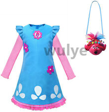 Girls Trolls Princess Poppy Cosplay Costume Party Fancy Long Sleeve Dress Up+Bag