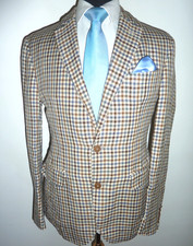 Hackett Mayfair London Linen Silk Blazer Brown Mini Check Jacket Sport Coat 40 R