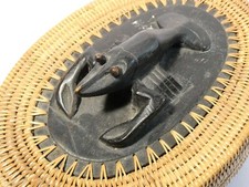 Vintage Lombok Indonesian Carved Wood CRAYFISH on Woven Basket Lid FINE WORK 