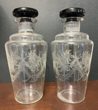 Antique French Pair of Art Deco Black Stopper Decanters Etched with Flowers