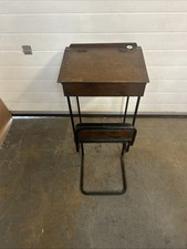Vintage Wooden School Desk & Original Seat 1950's Black Metal Legs Inkwell Old