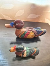 Wooden Vintage Hand Carved And Painted Pair Ducks