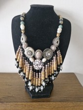 Tribal , Natural Stone, Freshwater Pearl, Rhinestone And Abalone Shell Necklace
