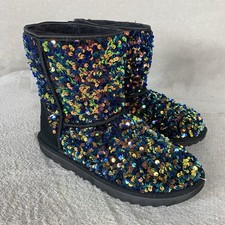 UGG Mini Stellar Sequin Boots Girls 6 Women 7 Black Gold Sheepskin Lined