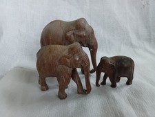 3x Vintage Wood Elephant Statue Figurine 4" Mother 2" Calf Carved