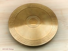 Large gold tone guilloche art deco-Vintage Make Up/Powder Mirror Compact-0ma