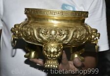 10.4" Rare Ming Xuande Chinese Brass  3 Leg Beast Head Incense Burner Censer