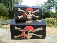 Pirate Chest Treasure Chest Wooden Storage Box - Pair L24 + 28 cm