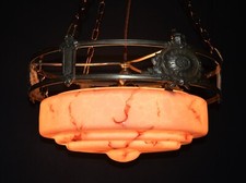 Edwardian silver-plated wagon wheel design 3 arm chandelier Opaline dish C-1910