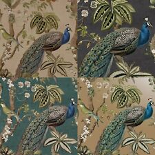 Peacock Woods Wallpaper Taupe Blue Gold Charcoal Floral Design Mulit Birds