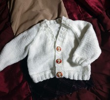 freepost new 0-3 months white hand knitted baby cardigan with panda buttons
