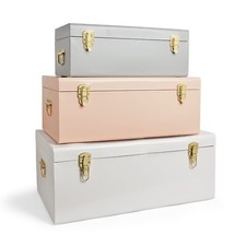 BTFY Metal Storage Trunks Set of 3 Grey White Blush Gold Hardware Chest